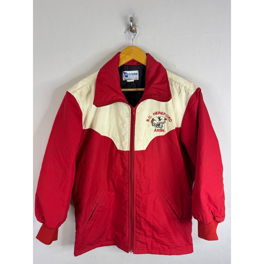 Vintage Western Athletic BC Hereford Assn Bomber Jacket Red Cream Mens 38
